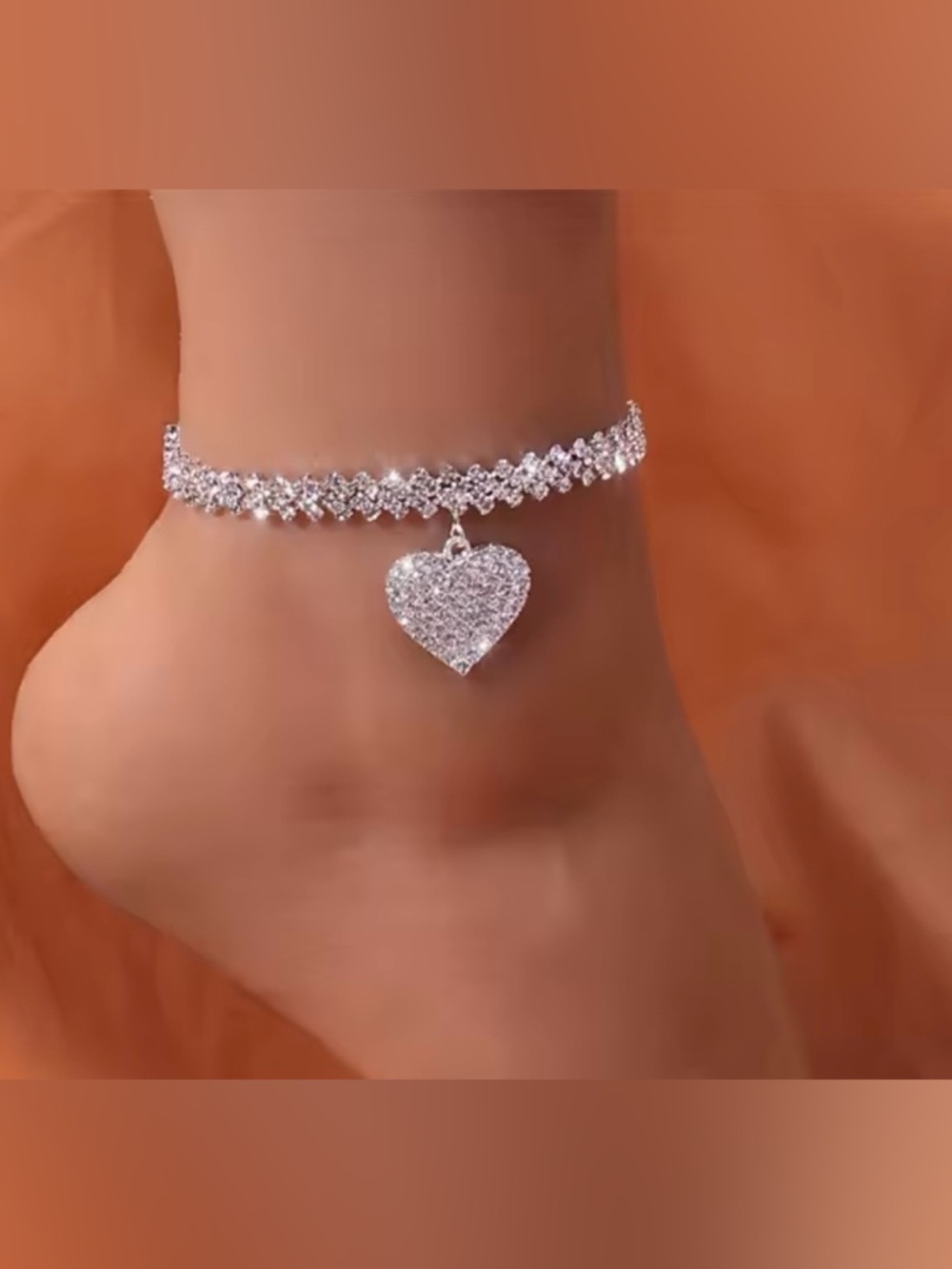 Silver Rhinestone Heart Charm Anklet